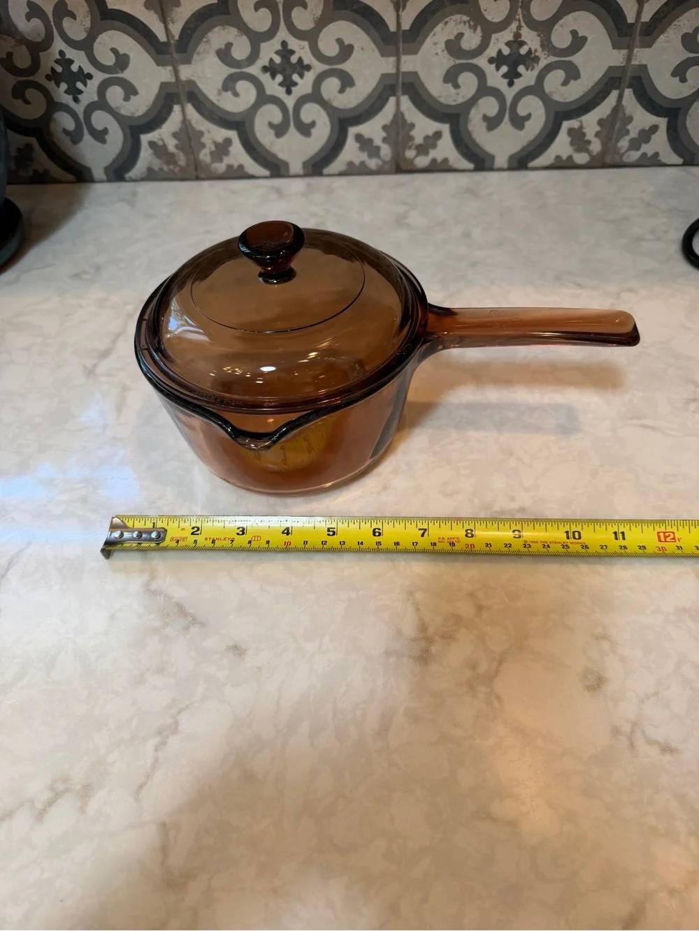 1980s Corning/ Pyrex Visions Cook Ware Amber Brown Glass 1L Pour Sauce Pan w/lid